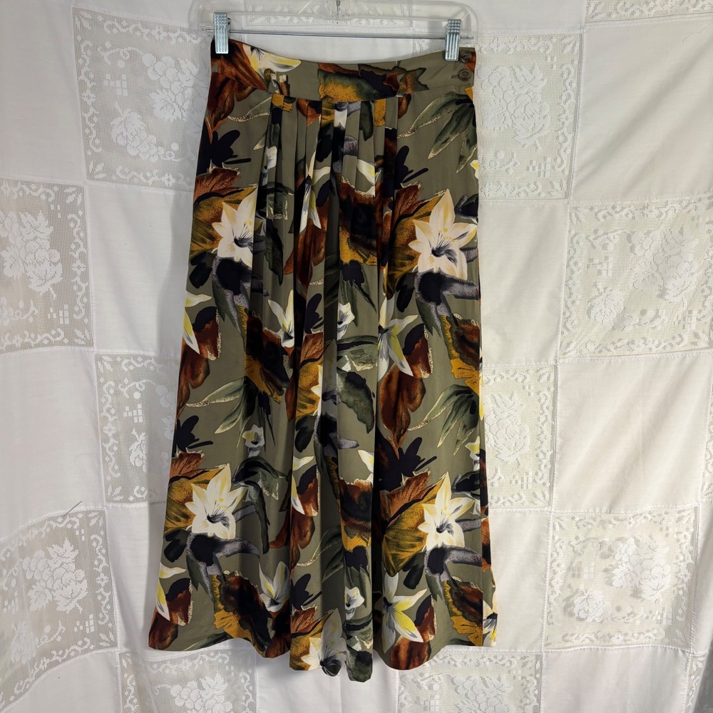 VTG 100% Silk Olive Green Tropical Floral Print Classic Femme Midi Skirt Size S
